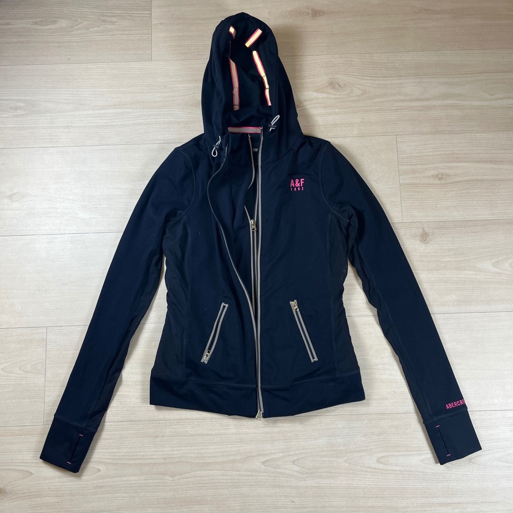 Abercrombie Women Black Full Zip Active Hoodie Fleece Lined Thumbhole Sz S